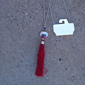 C’est 1946 Silver Pendant Necklace Red Tassel Long Chain Statement Boho Artsy